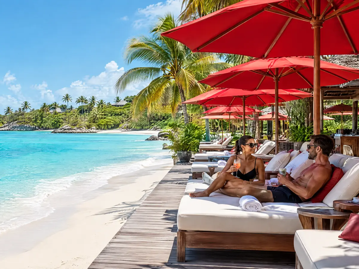 Couple relaxing on loungers under red umbrellas at a Caribbean beach club
