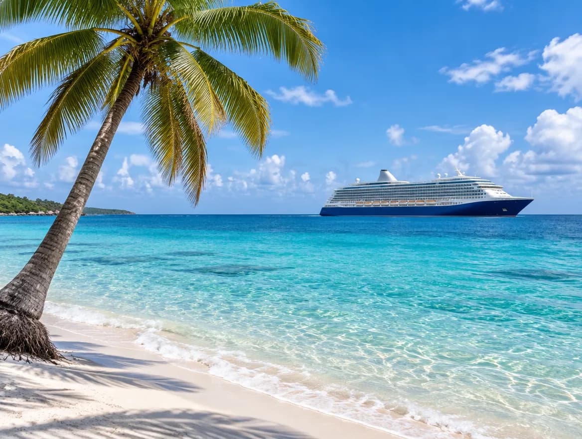 White-sand Caribbean beach with palm trees and a cruise ship offshore