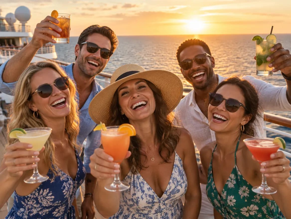 Friends celebrating with cocktails on deck at sunset