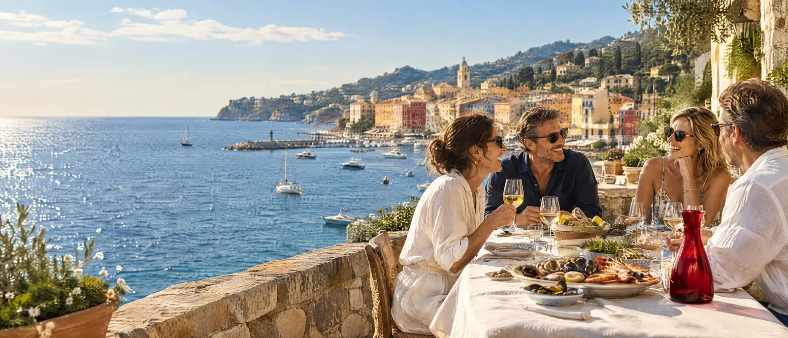 Friends sharing a long seaside lunch on a Riviera terrace