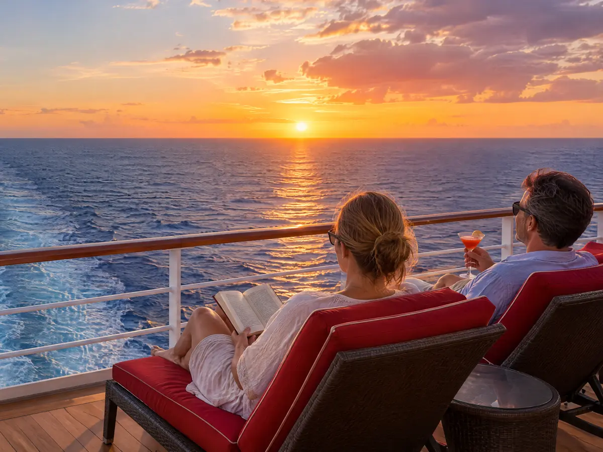 Couple reading on red deck loungers as the sun sets over the open ocean