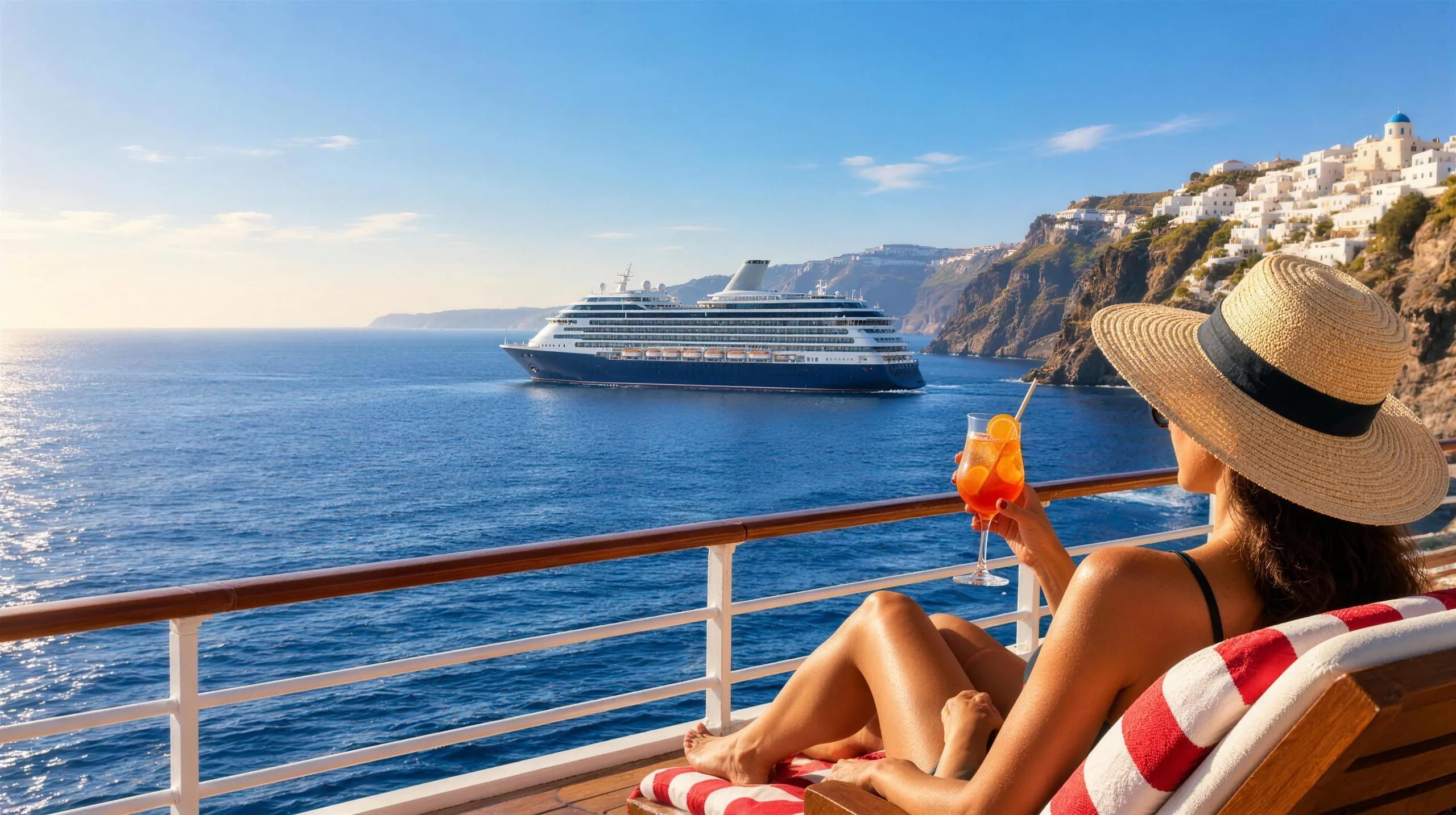 Cruise ship sailing past coastal cliffs, seen from a sunny deck lounger