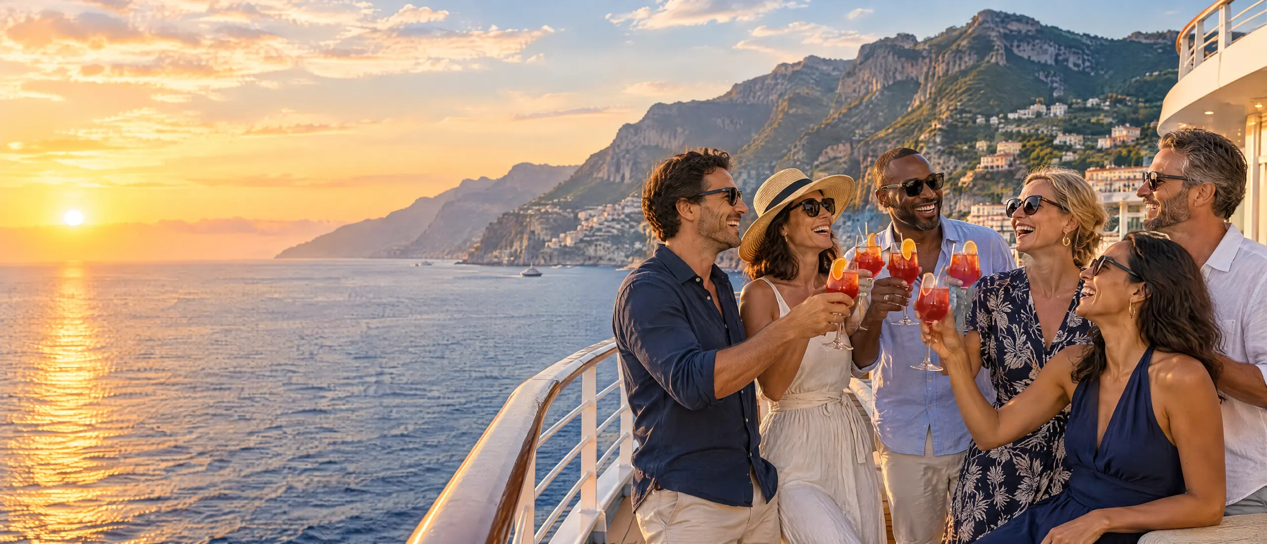 Group of friends raising cocktails on deck along a dramatic coastline