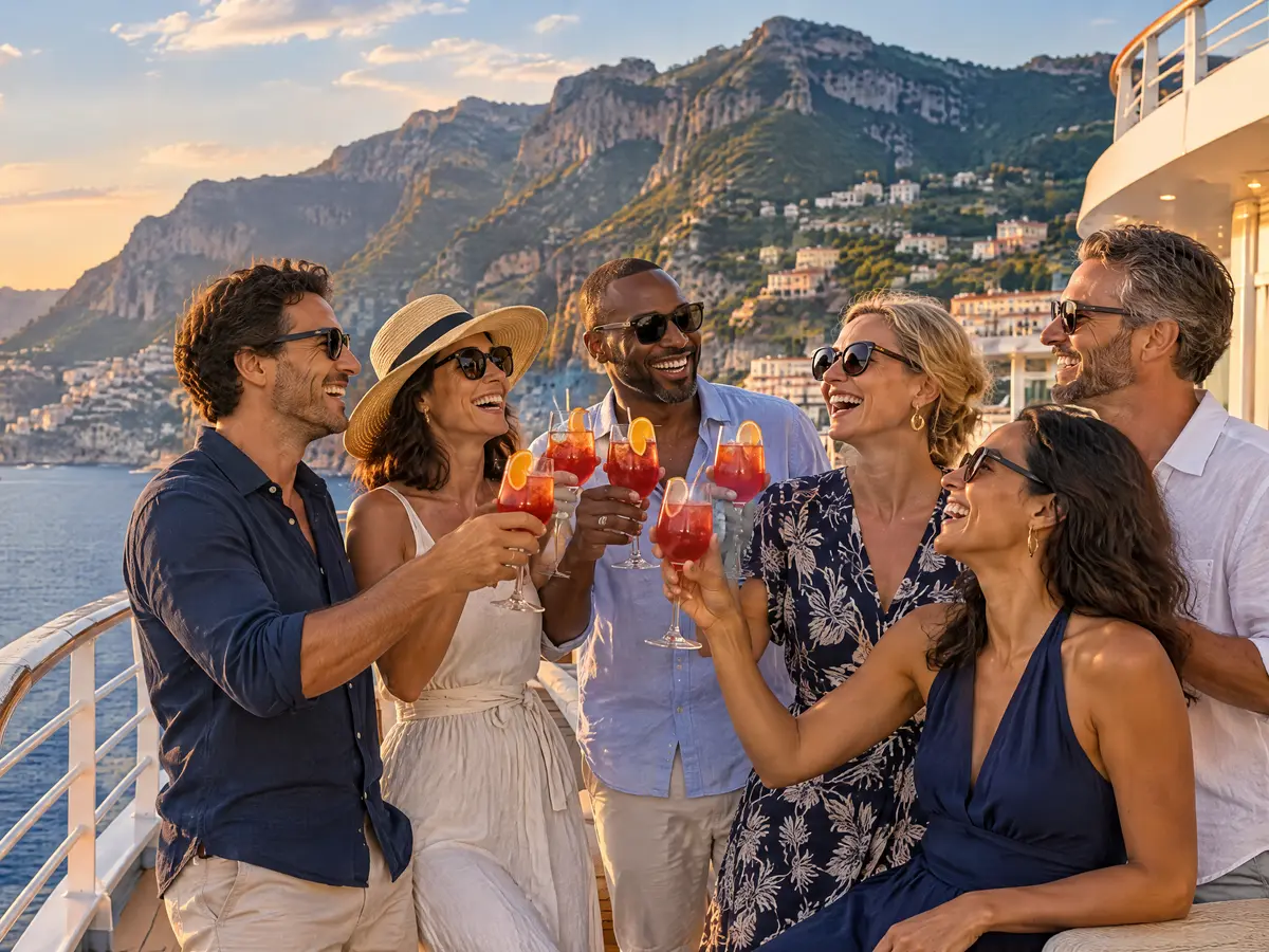 Group of friends raising cocktails on deck along a dramatic coastline