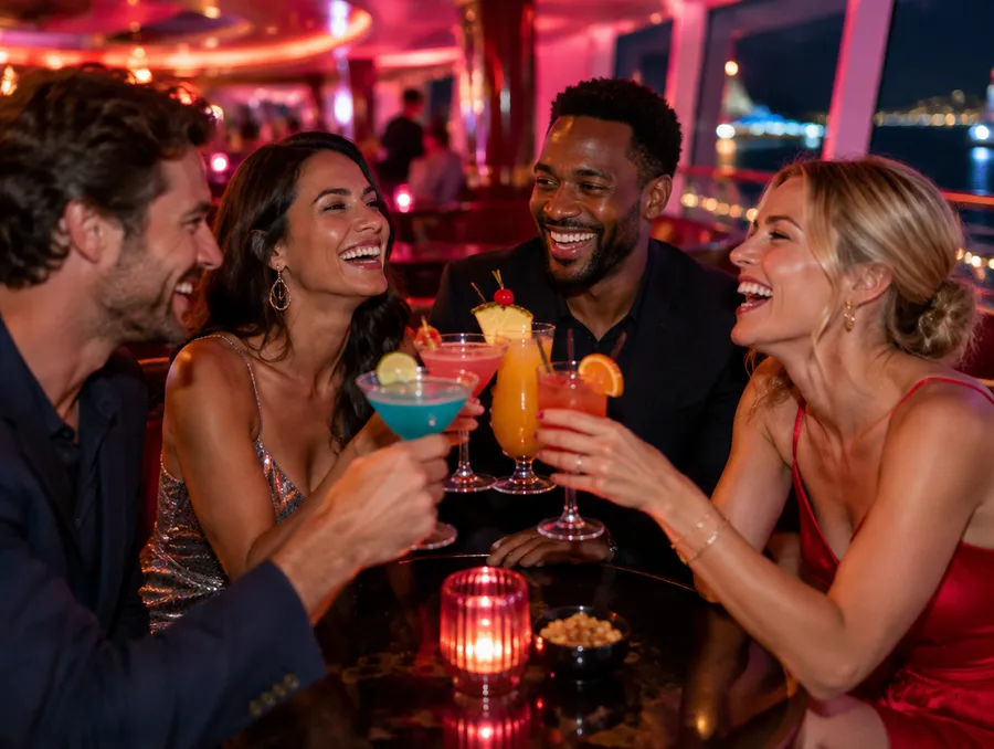 Friends toasting cocktails in a lounge bar at night