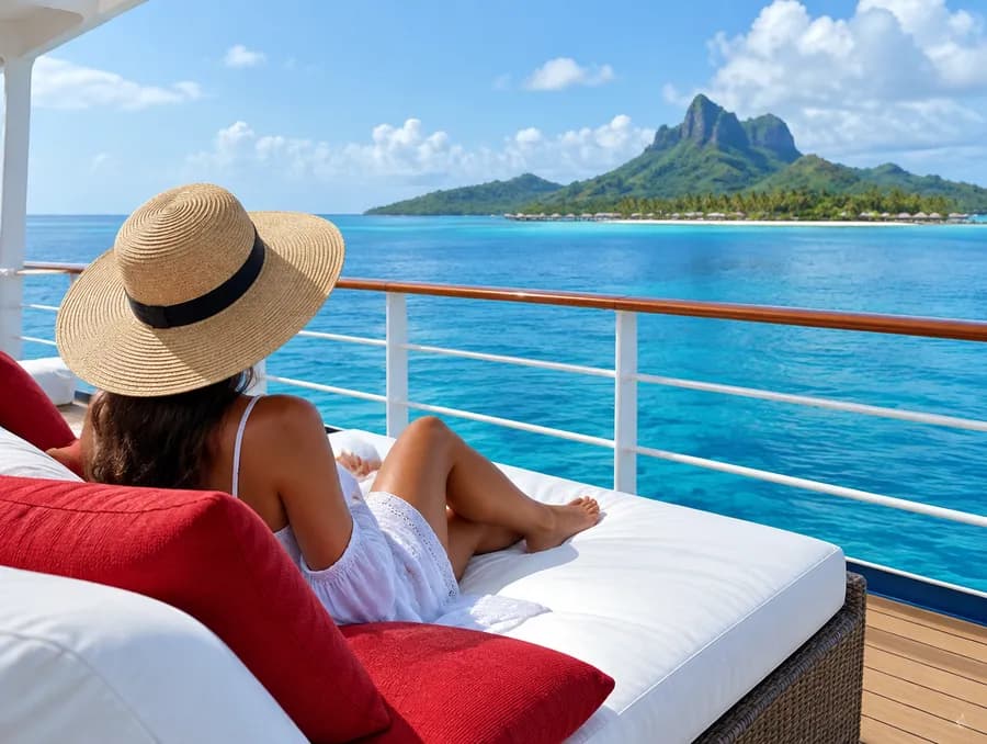 Woman relaxing on a daybed with a sea view