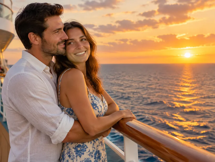 Couple embracing at a ship railing at sunset